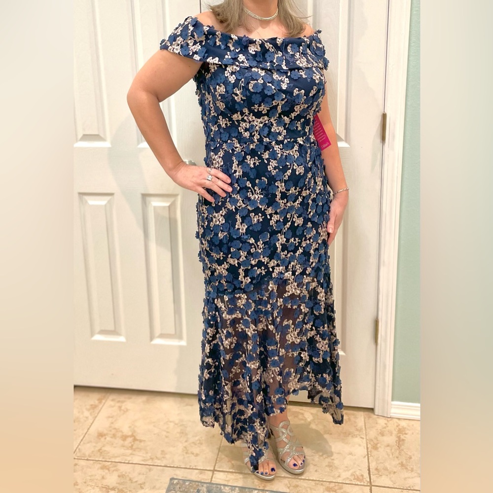 Blue floral mid length formal dress Xscape brand US SZ 16.